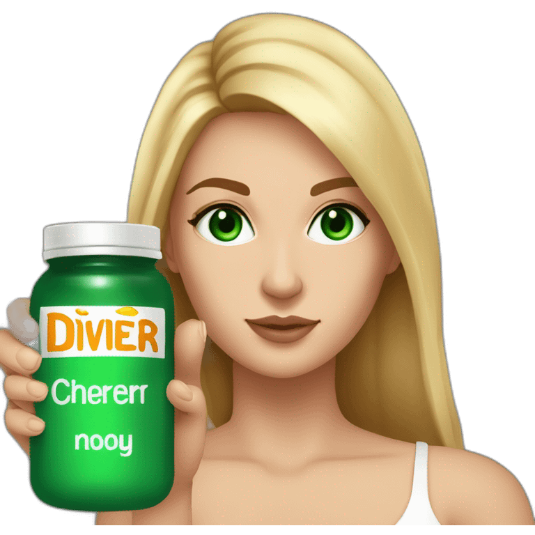 white woman, emerald green eyes, dark-rooted blonde hair, defined thin light brown eyebrows, large breasts, holding in her hand a jar that has a label that says DIVIHER in orange letters emoji