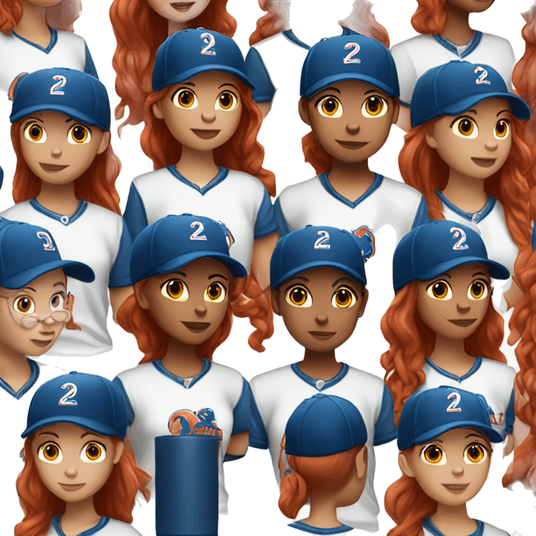 standing up white female coach with long red hair in white t-shirt and with a simple blue baseball hat emoji