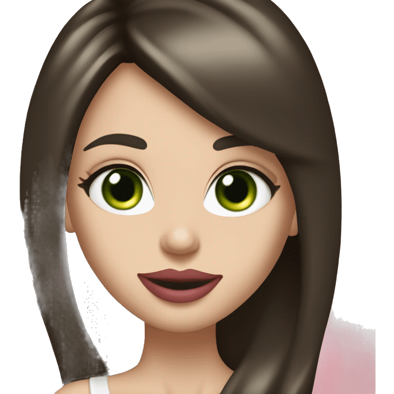 Brunette bombshell supermodel girl with long straight hair, pale skin, big pink lips and green eyes, smiling  emoji