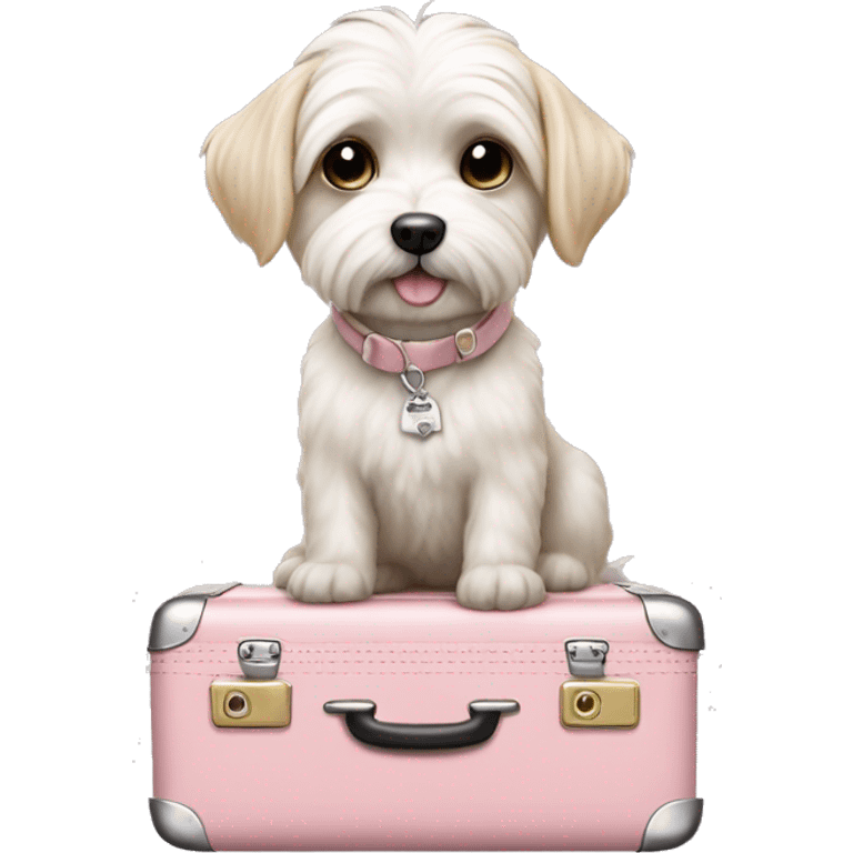 Malteses dog in a light pink bag standing on a suit case  emoji