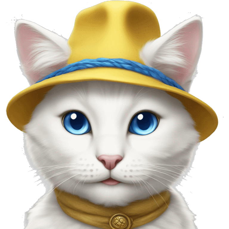 White Cat ,chasseur ,smile ,blue eyes ,anthro , yellow feather hat emoji