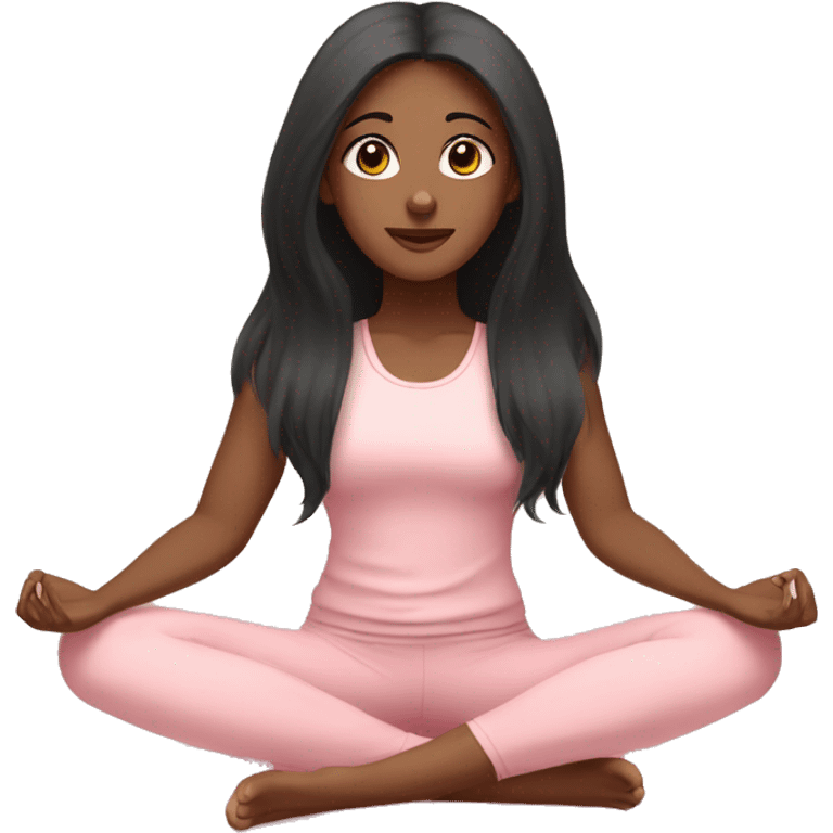 black long hair and brown eyes with long eyelashes yoga girl in light pink clothes sitting on a yoga mat  emoji