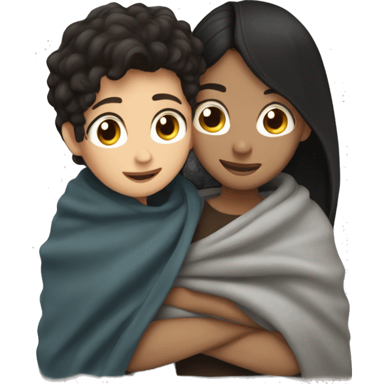 Boy whit brown hair cuddling with girl with black hair Under blanket  emoji