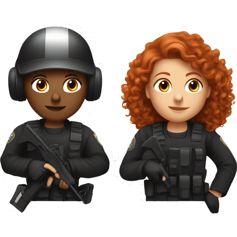 operator dressed in black with a milatary helmet, without glasses, wearing a headset, ready to respond to alerts, preferably curly redhead female  emoji