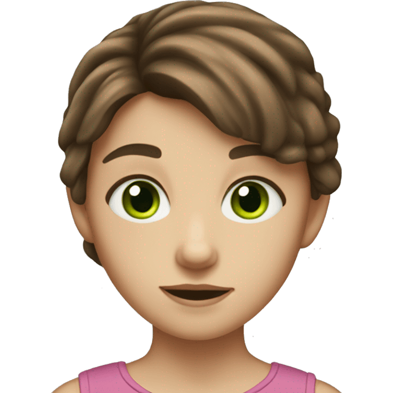 An 11 year old girl with brown hair and green eyes and is from europe emoji