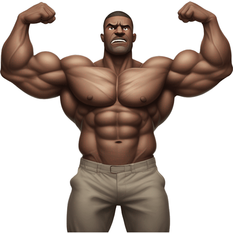 A hyper-muscular man with veins prominently visible across his massive arms and chest, each of his arms taking up a third of the frame. his exaggerated physique creates an even more surreal and intense visual. emoji