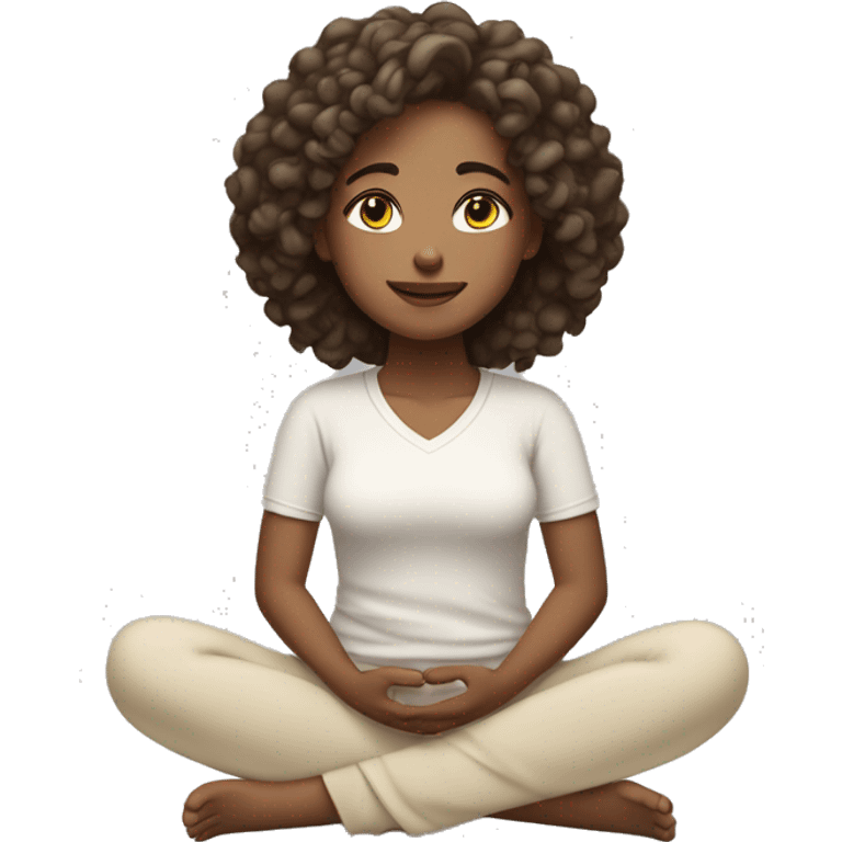 girl with light brown skin and dark loose curly hair wearing cream exercise clothes sitting cross legged meditating with closed eyes 😌 emoji