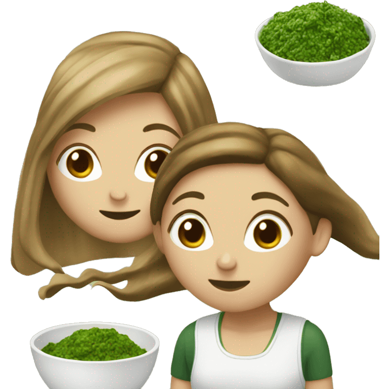 2 white girls with brown hair who eats pesto emoji