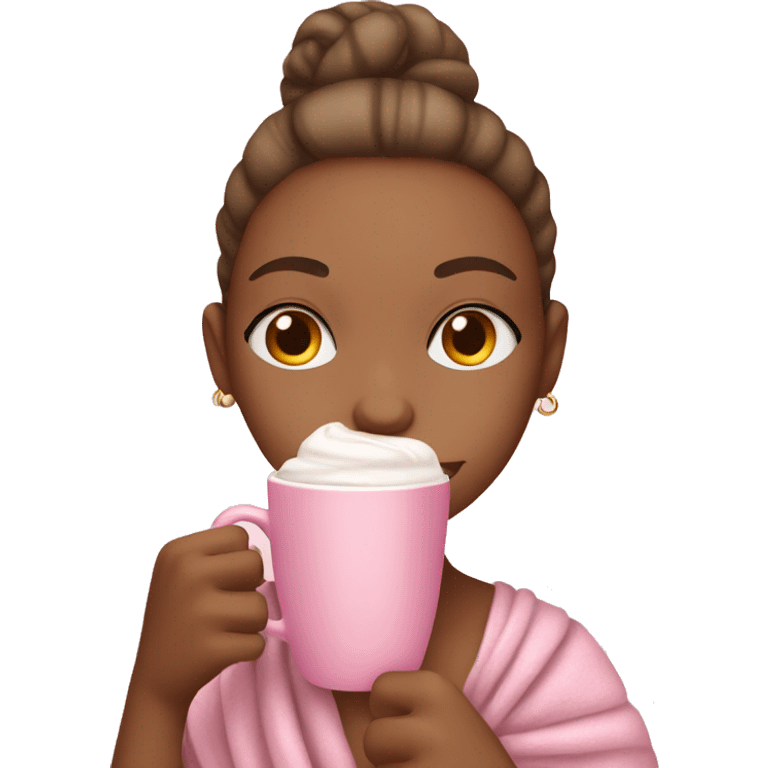 girl with a pastel pink towel sipping on a latte in a pink mug emoji