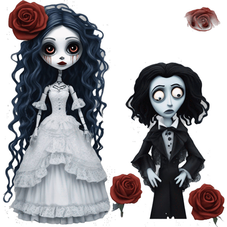 full height, tim burton "corpse bride", porcelain doll with a cracked face, goth makeup watery eyes, long hair, lace and ruffles dress, lolita style, inked, black and white, red roses emoji