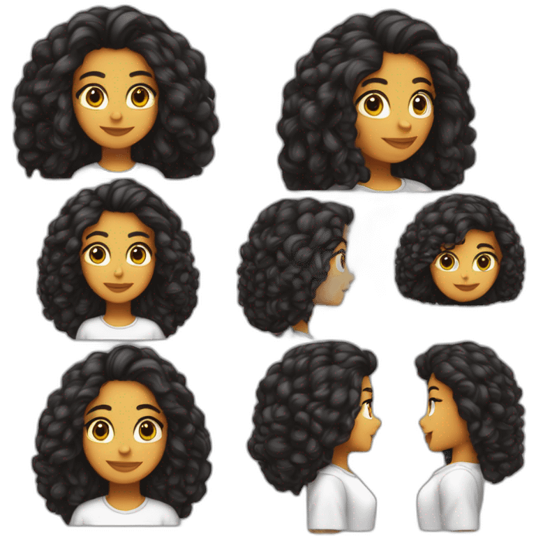 Chica pelo negro y largo, parecida a kylei jenner, trabajando en una computadora y remera negra emoji