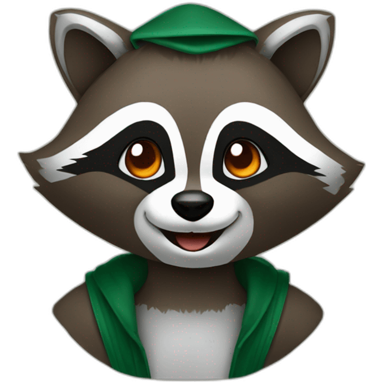 brown raccoon with orange eyes and a dark green hood that is laughing emoji