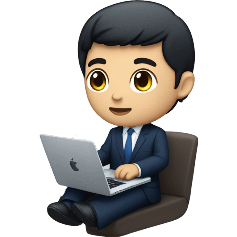 memoji of a young man with a laptop in front, apple-style, on laptop with a blue sticker with 4 letters: "WYZE", modern, dark hair, dark blue suit, computer in hand, chinese skin, sitting on this desk emoji