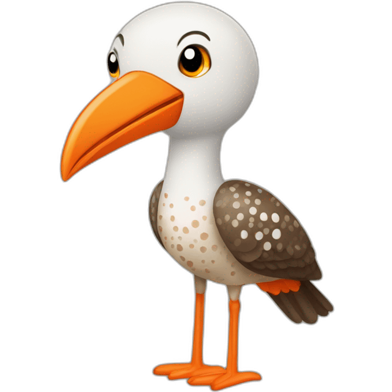 friendly brown and white speckled sea bird with long orange beak and long legs emoji