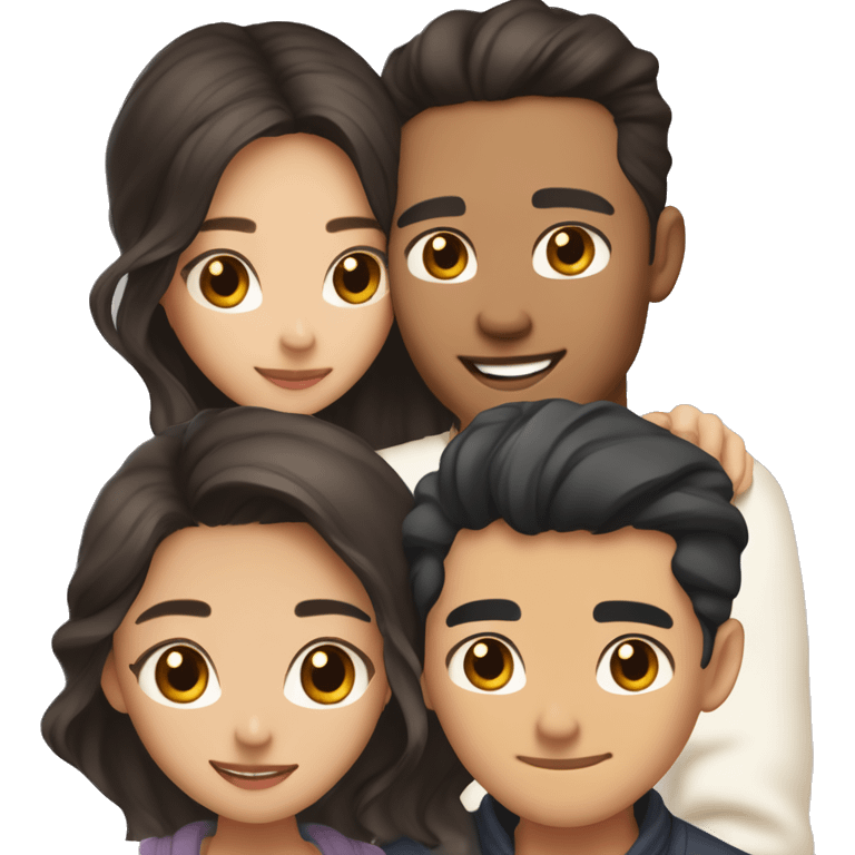 A half pale Asian man with short dark hair and amber eyes embracing and loving a half Asian woman with long wavy dark hair and dark hazel eyes. They love each other a lot And have good fashion taste. And are having a lot of fun emoji