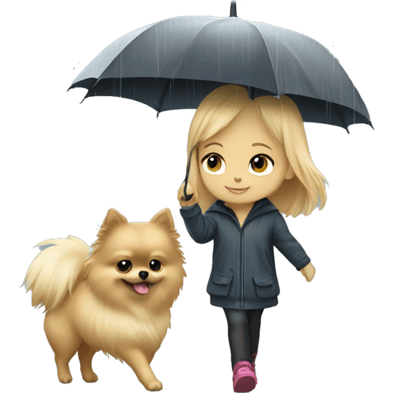 Blonde girl walking tiny pomeranian under the rain emoji