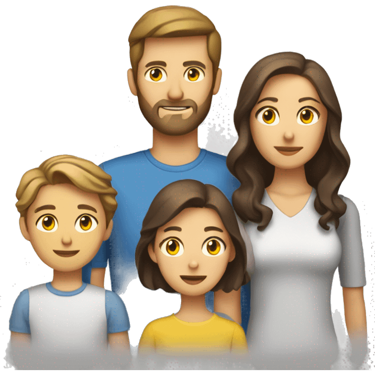 Family emoji: 1 man with brown eyes brown hair and brown beard,1  woman with blue eyes and brown hair, a black-white cat with yellow eyes , car with red-gray-white color and yellow eyes emoji