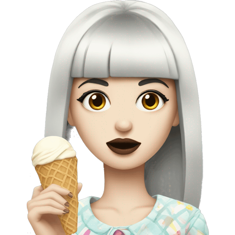 Portrait chanel clothes Girl pale skin with long black  bangs eating icecream  emoji