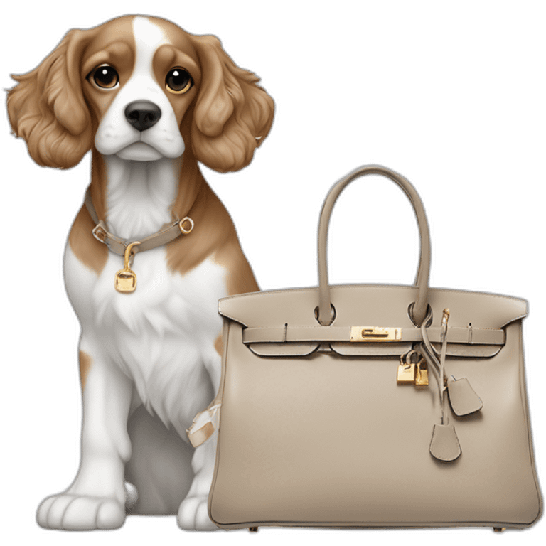 American cocker beige and white next to a grey hermes birkin bag emoji