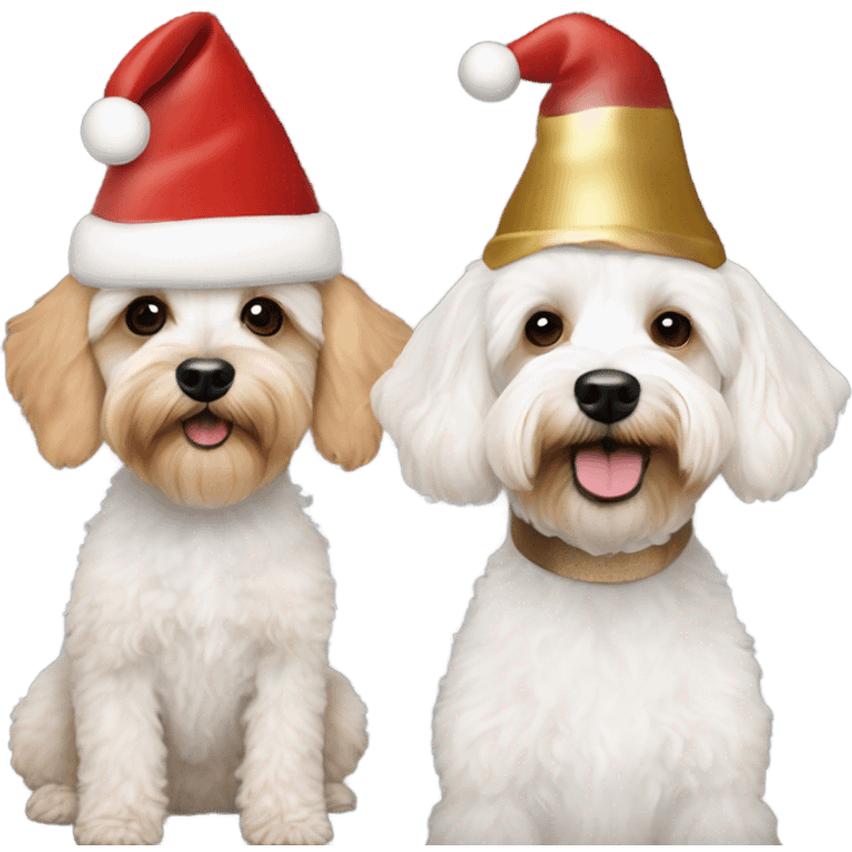 White Schnoodle and gold cavapoo with Christmas hats emoji