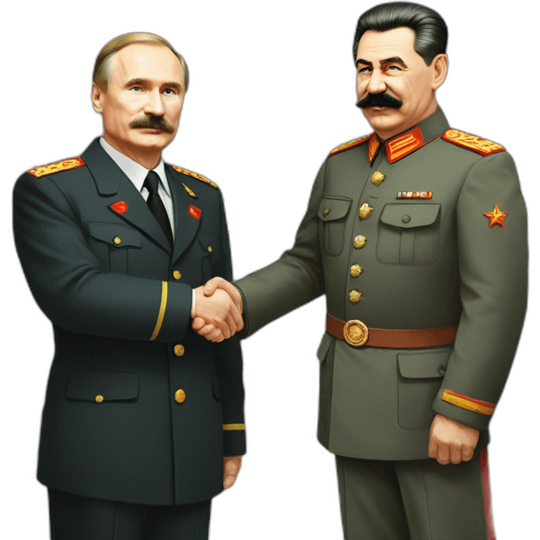 Stalin shakes Putin's hand. Putin in a suit, Stalin in a tunic emoji