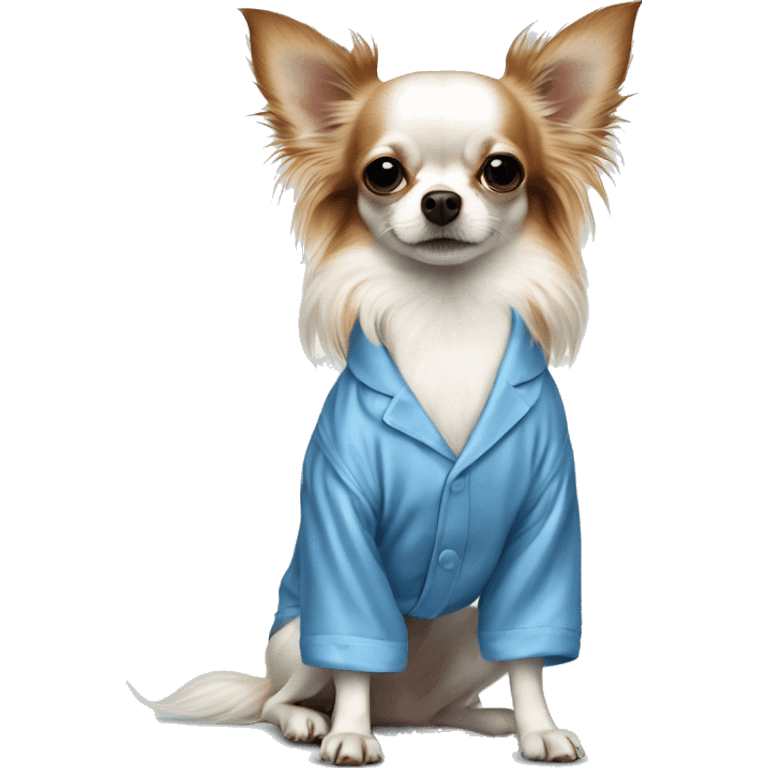 Long-haired white Chihuahua with reddish brown markings wearing blue silk pajamas emoji