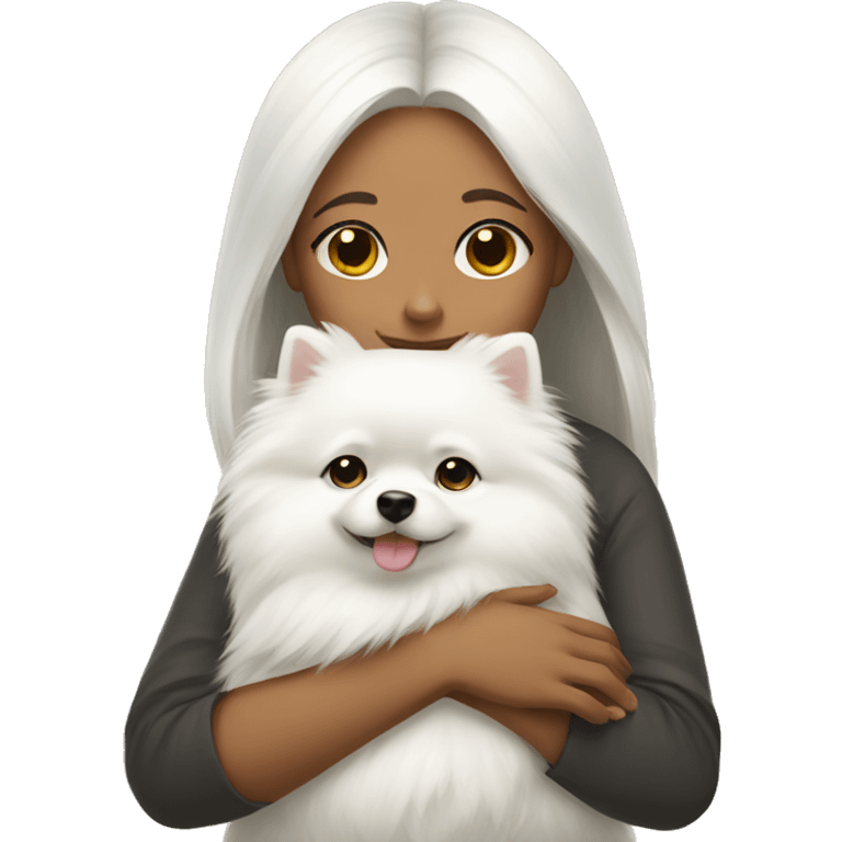 Chinese girl hugging white pomeranian emoji