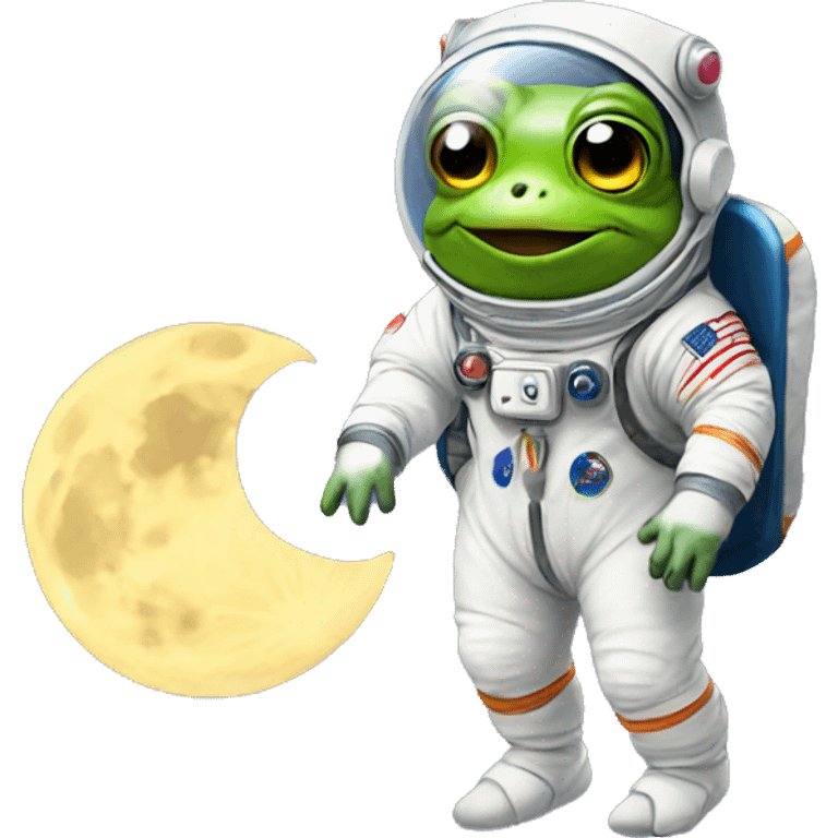 Frog wearing astronaut suit holding the moon emoji