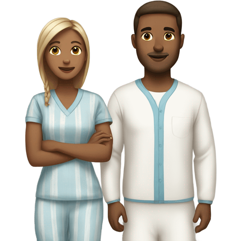 White man and brown-skinned woman in matching pajamas emoji