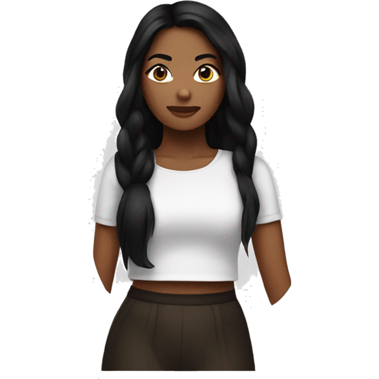 back of a brown women, with black hair and, a white crop top emoji