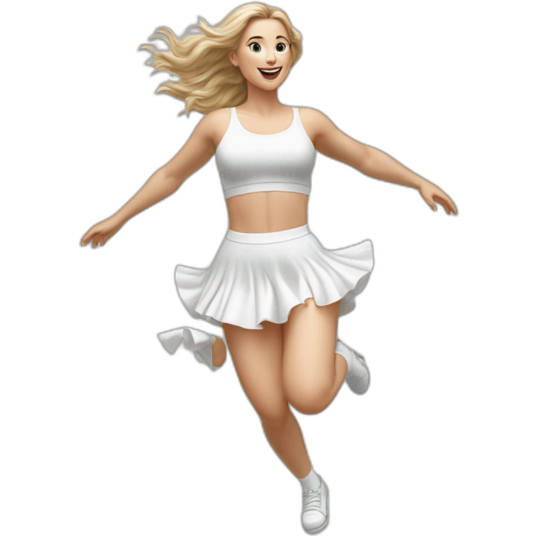 hyperrealistic-full-body-caucasian-curvy-beauty-jumping-small white-skirt-back-and-front-views-strong-wind-white knickers white socks emoji