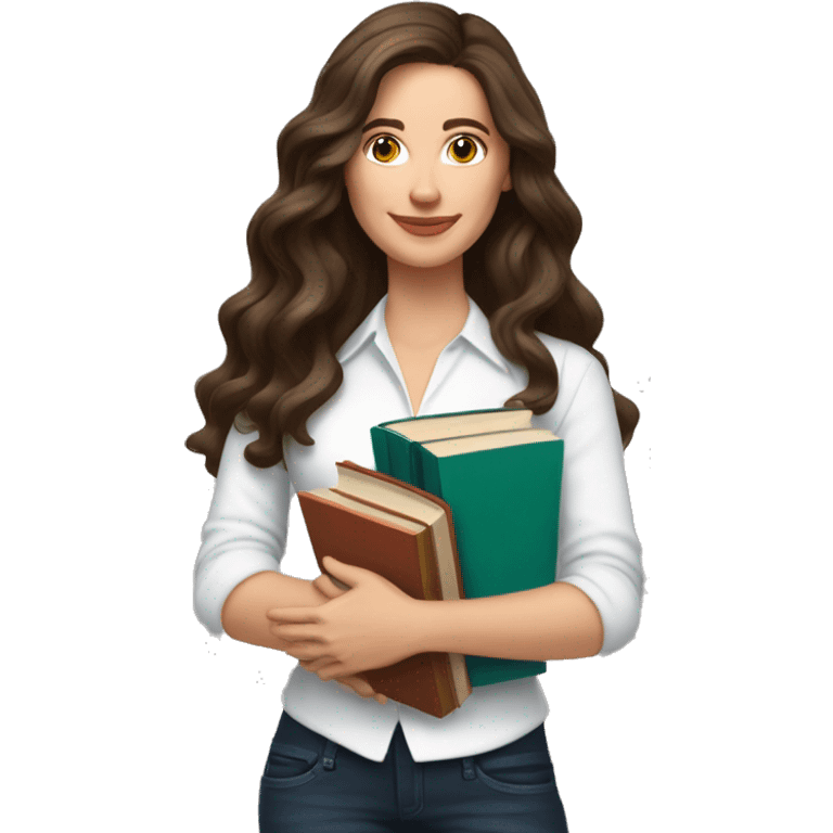 white woman brunette long wavy hair highlights woman while holding large stack of books emoji