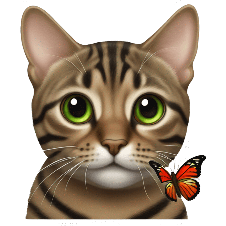 brown tabby cat with black stripes, green eyes, red nose and next to a butterfly  emoji