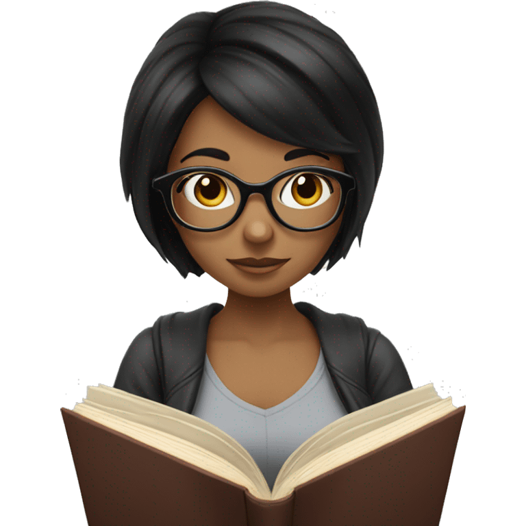 A girl with black hair and glasses reading a book emoji