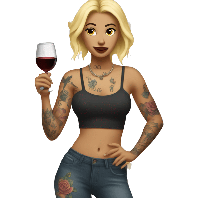 Blonde women in, her body covered with tattoos, wine in her one hand and pointing Forward with other hand emoji