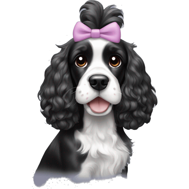 Black and white cocker spaniel with a bow on her head emoji