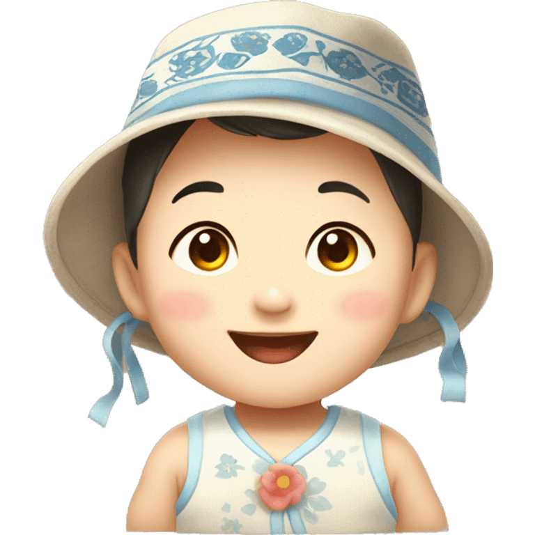 Cute Korean baby smiling broadly wearing a Taegeuk pattern hat emoji