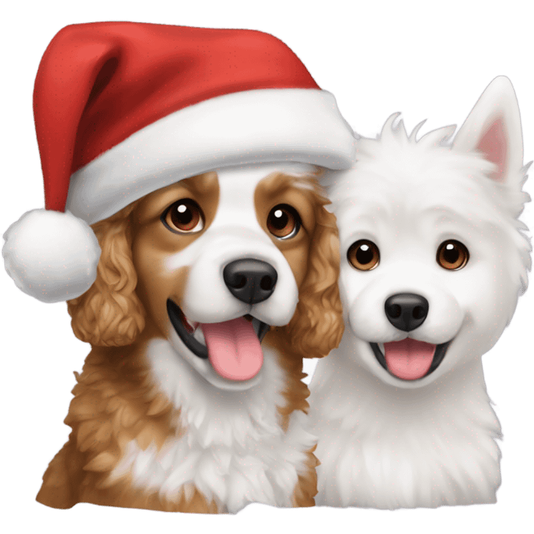 Cavapoo and white husky with Christmas hat  emoji