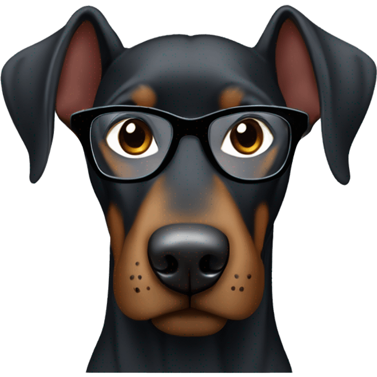 black Doberman with brown spots in a gray sweatshirt and wearing glasses with black frames, positive emoji