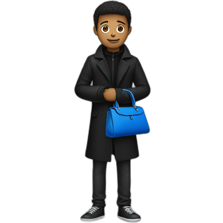 18 years old man with black coat , blue man purse,  emoji