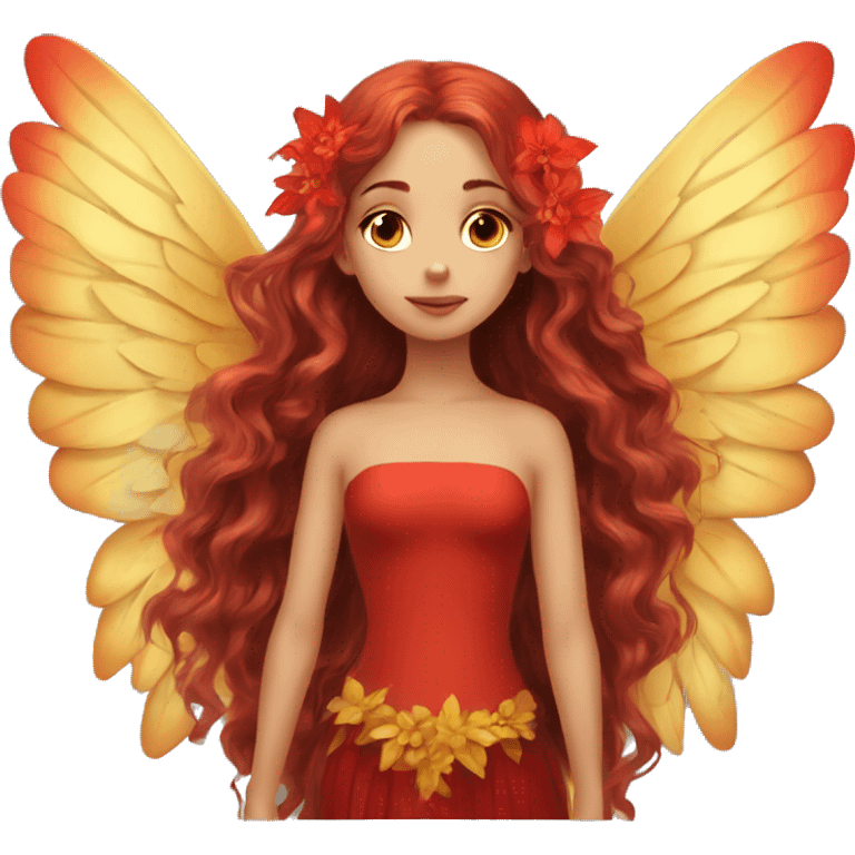 big wings, flower, Beautiful, fairy, red, gold,red, long hair emoji