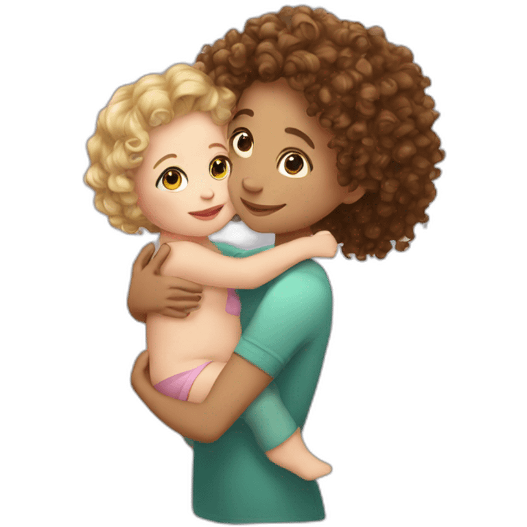 Curly hair white Girl hugs baby emoji