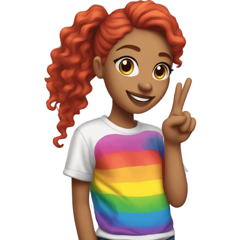 "A young woman with lengthy red curls in a ponytail, wearing a rainbow cat shirt, poses with a peace sign." emoji