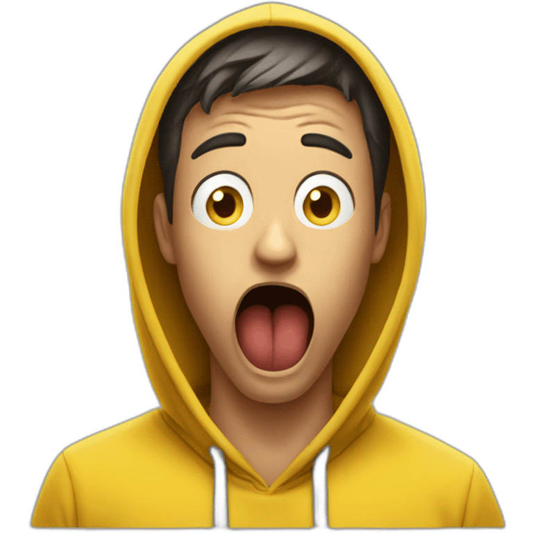 guy in a yellow hoodie is shocked, covering his mouth with  hand emoji