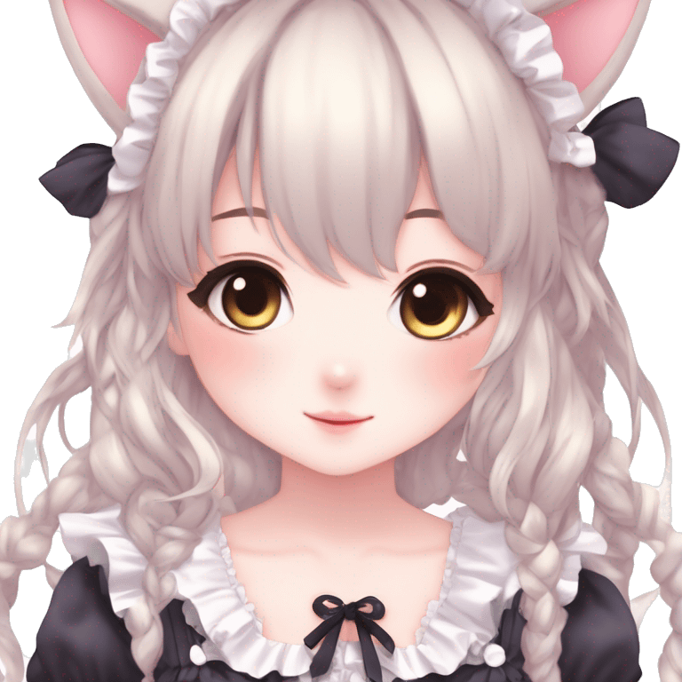 Gorgeous anime style catgirl with blushing face with maid outfit laces gothic Lolita idol model kawaiicore pastelcore cottagecore pearly petite simplistic aesthetic trending style emoji