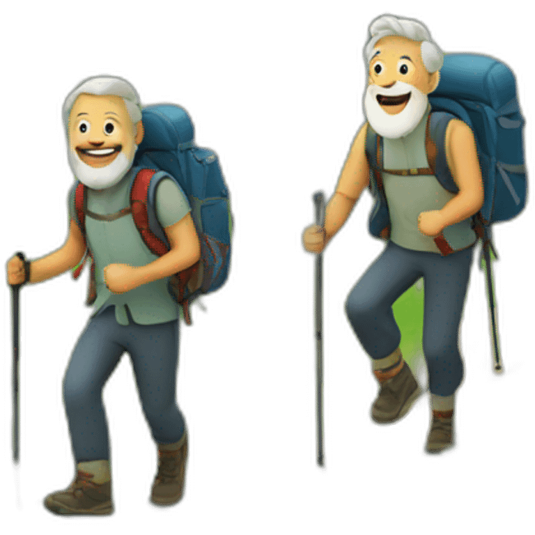 Older men and a younger men with a beard hiking up a mountain emoji