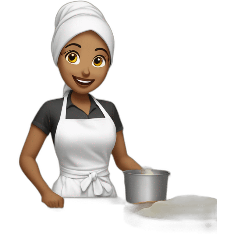 A fair skinned Hijabi Muslim woman wearing a white apron, mixing cake batter, standing behind a messy, kitchen, counter top with the ingredients on the table emoji