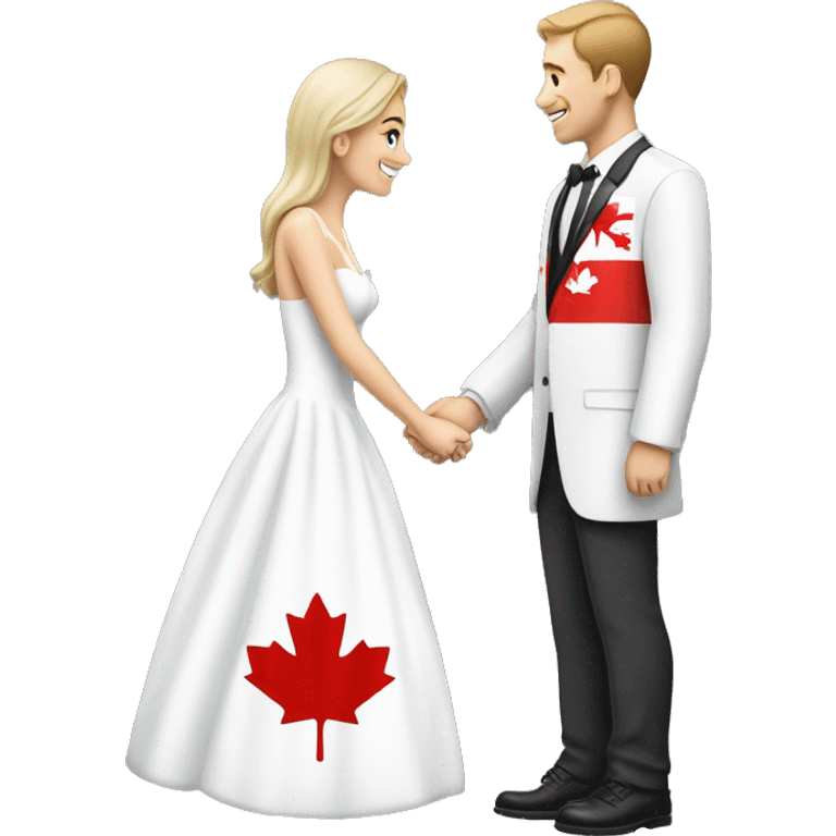 man wearing canadian flag shirt proposing to woman wearing a wedding dress emoji