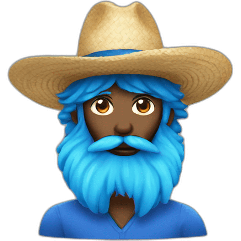 a man black beard and mustache wearing straw hat with large blue hair emoji