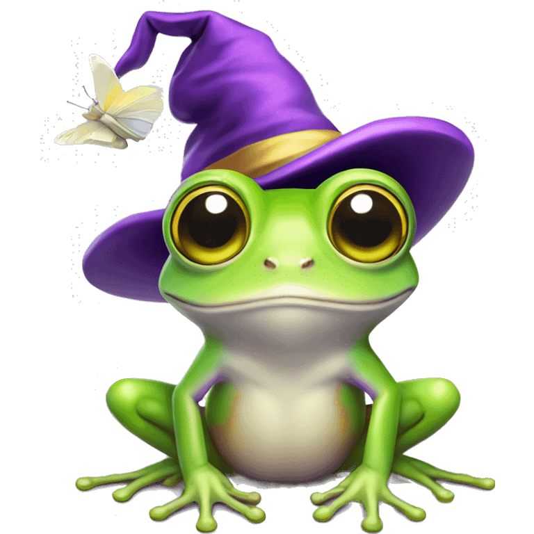 australian green tree frog with white butterfly wings wearing a purple witch hat with yellow stars emoji